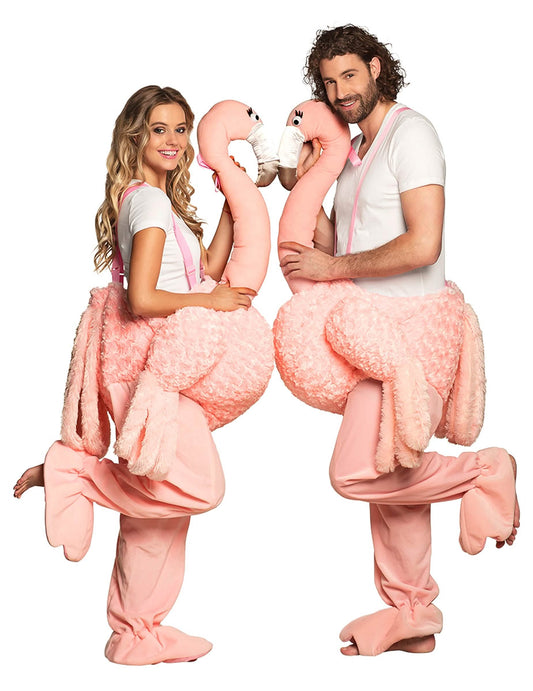 Vue de profil en duo du déguisement à dos de flamant rose