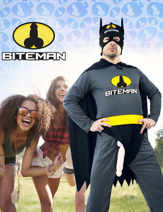 Mise en situation du déguisement humoristique Biteman pour homme