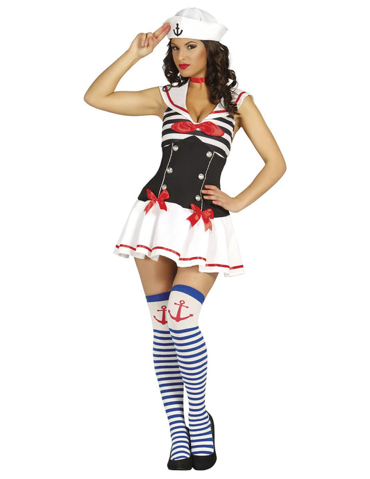 Vue de face du déguisement de marin sexy pour femme noir et rouge
