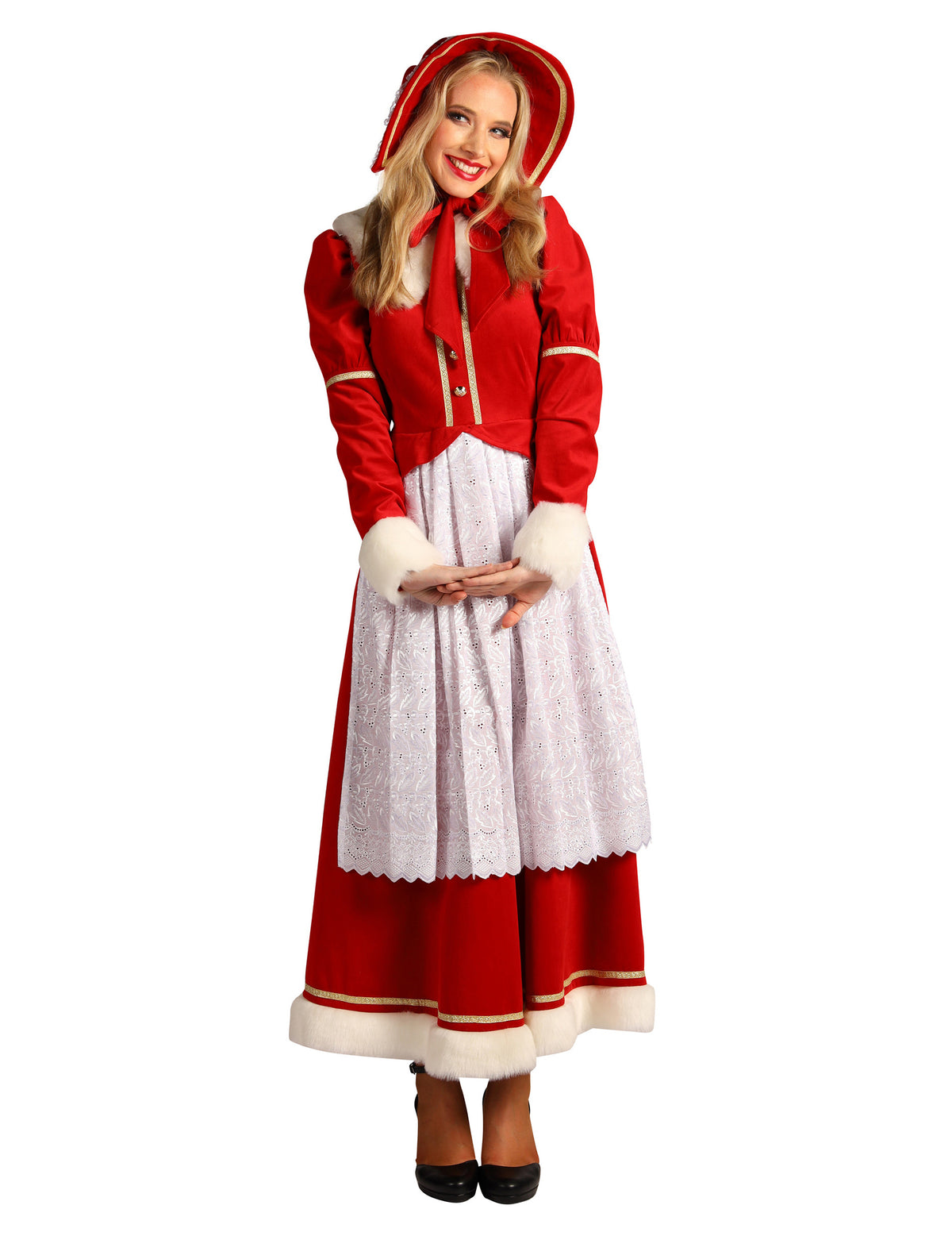 Déguisement Mère Noël traditionnel avec tablier pour femme rouge et blanc avec bonnet