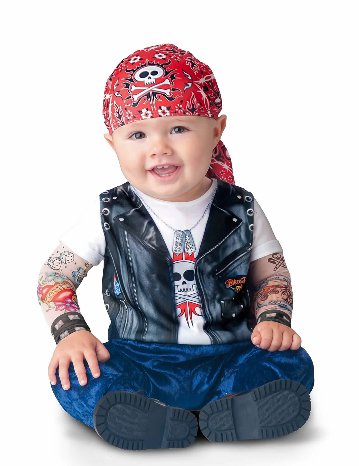 Klasična mini motoristična preobleka za dojenček z rdeča bandano in potiskanimi rokavi s tatuji