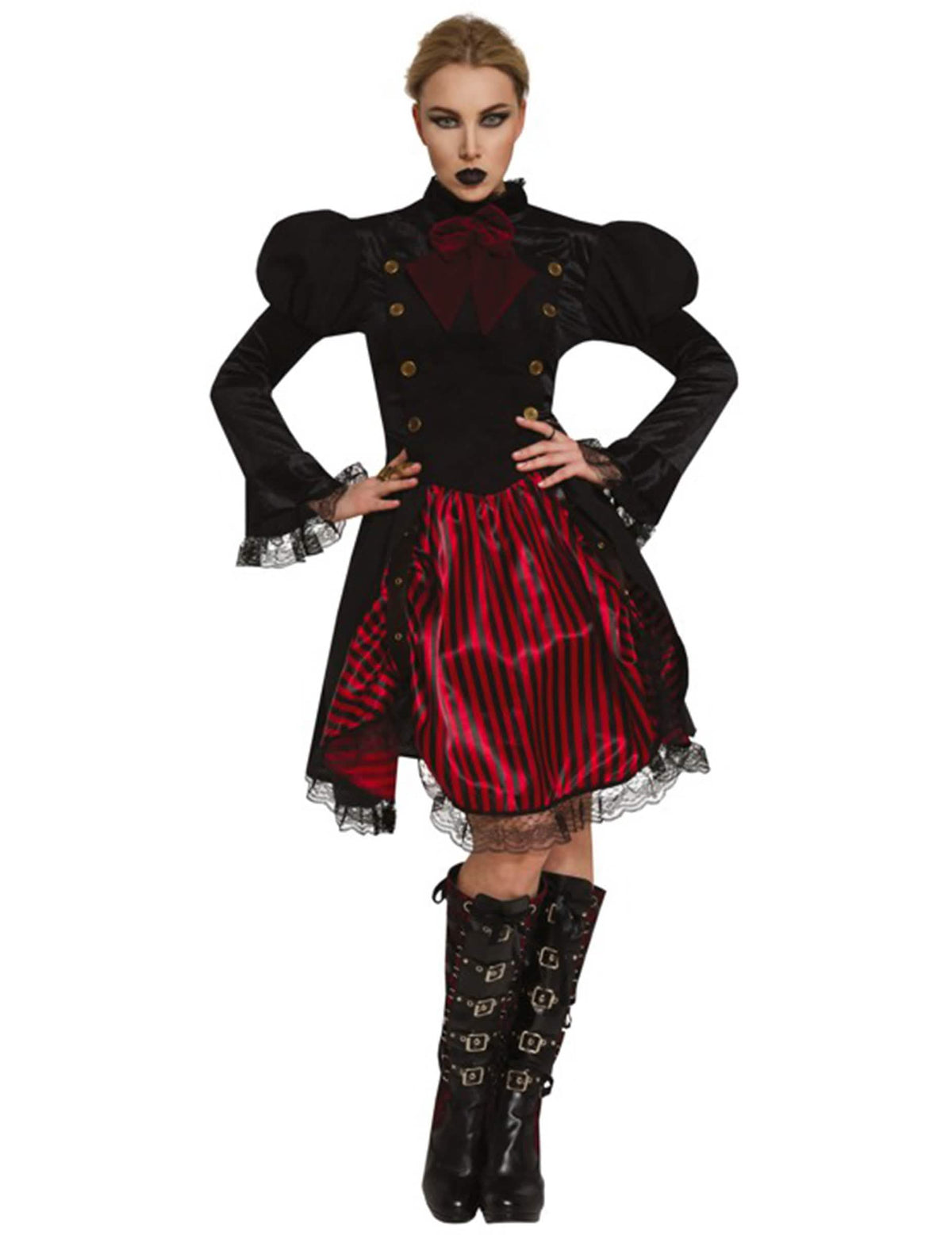 Kostum Miss steampunk za žensko črna in rdeča s črtami in čipko