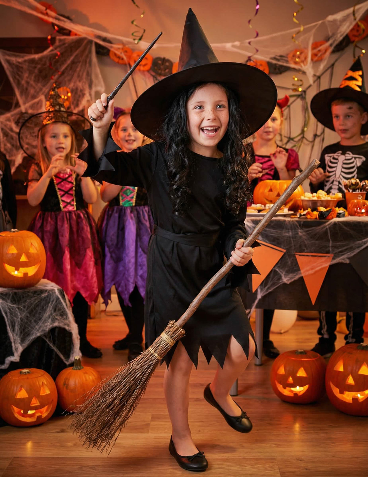 Festivna postavitev v okolju za halloween z kostumom čarovnice za dekle