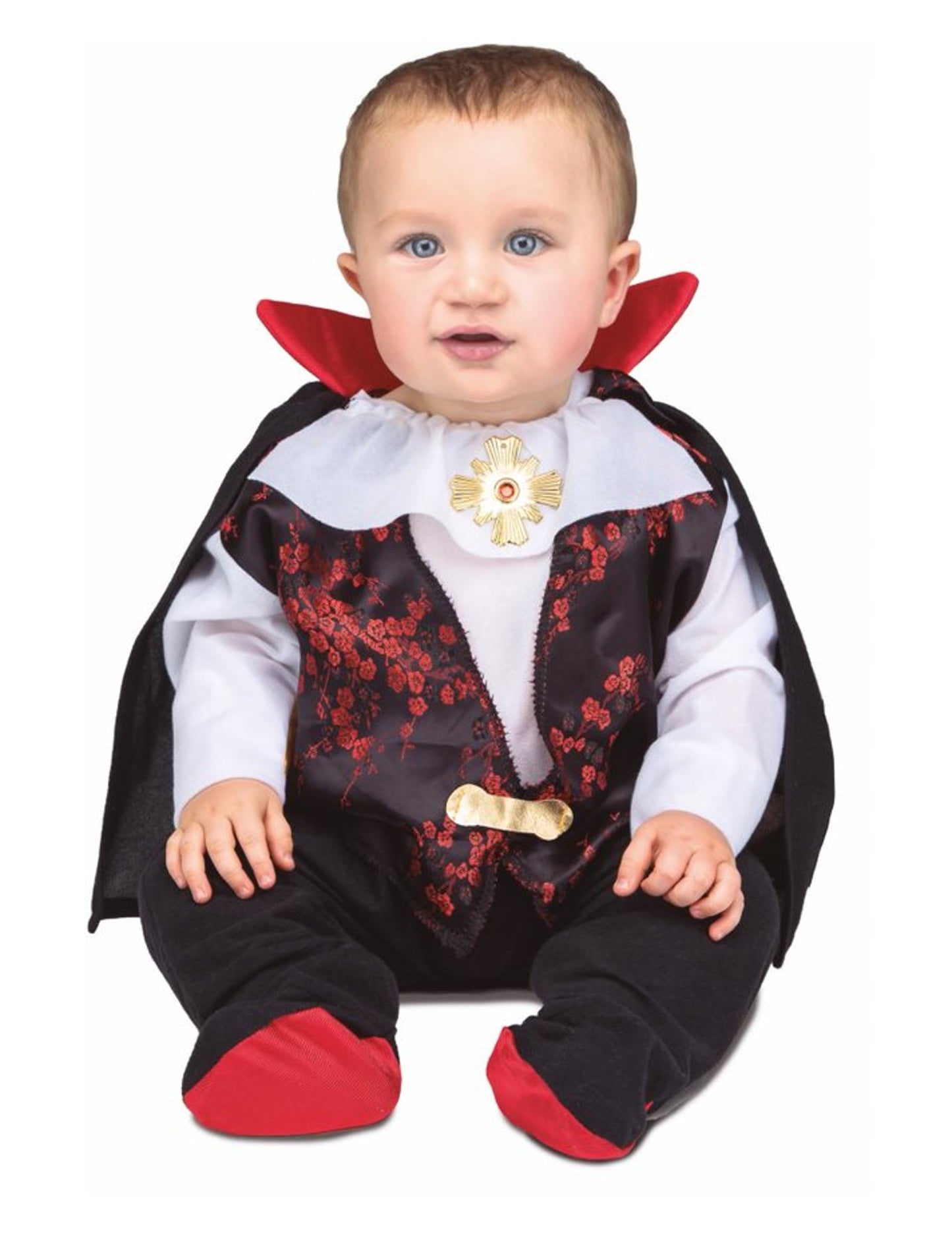 Déguisement petit dracula pour bébé noir et rouge avec cape et médaillon doré