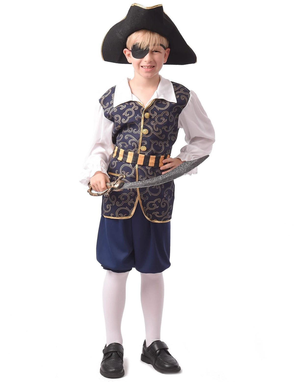 elegantni piratski kostum za dečka modra in zlata s klobukom in sabljo