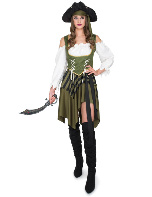 Vue de face du déguisement de pirate flibustière pour femme