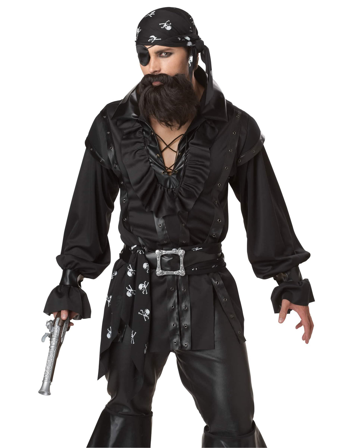 Podrobnost o oprsju in dodatkih črnega moškega piratskega kostuma