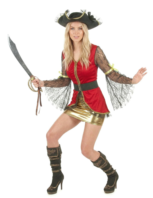 Sabre de pirate tenu en main du déguisement pirate pour femme rouge et doré