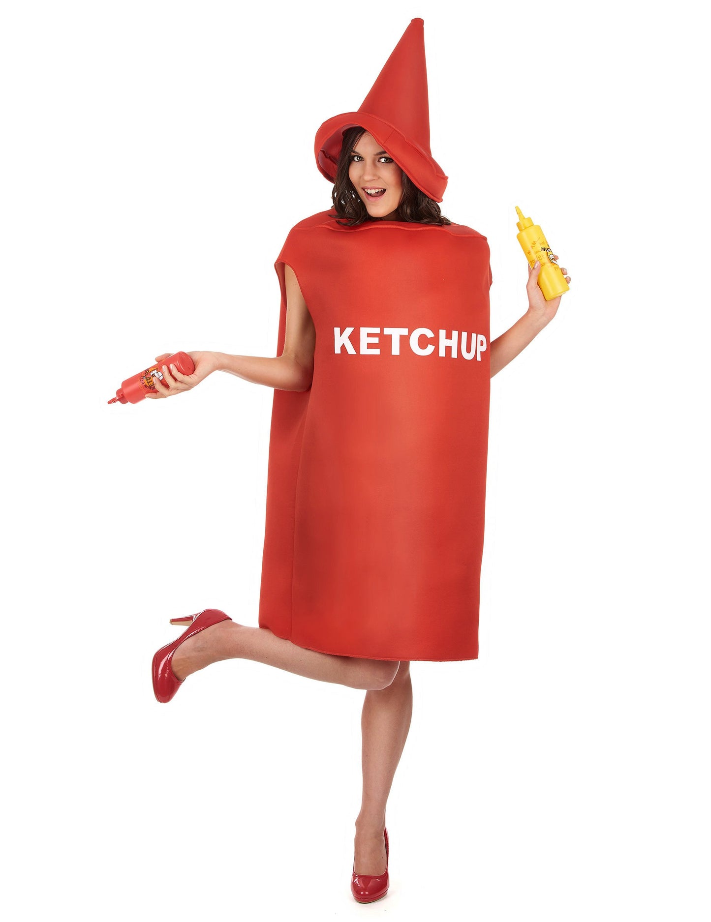 Pregled s pripomočki kostuma rdeča steklenica kečapa