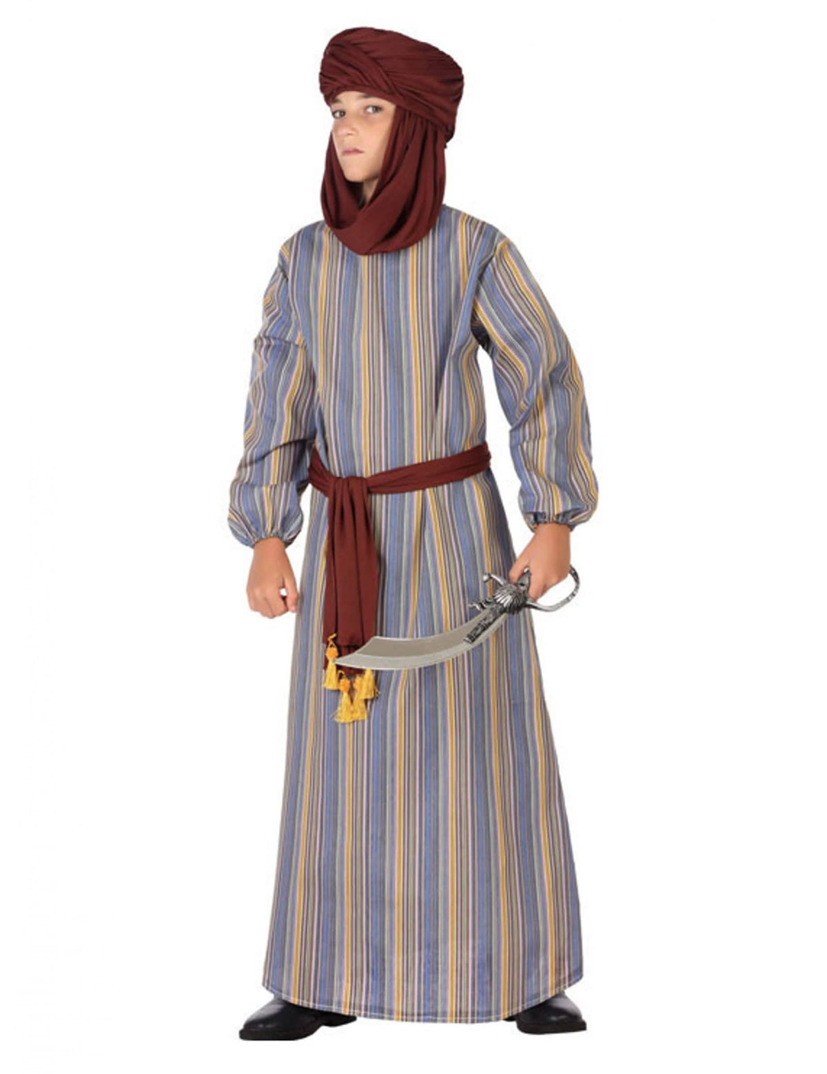 Kostum arabskega princa za dečka z modrimi črtami in bordo turbanom