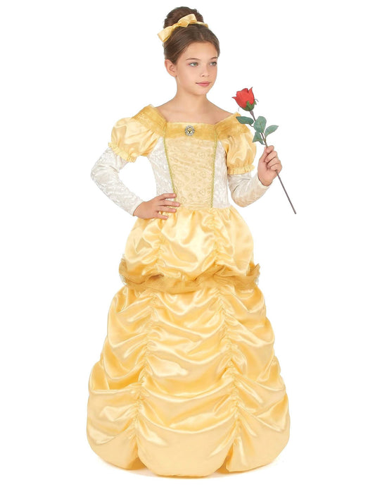 Vue de face avec rose rouge du déguisement de princesse beauté pour fille