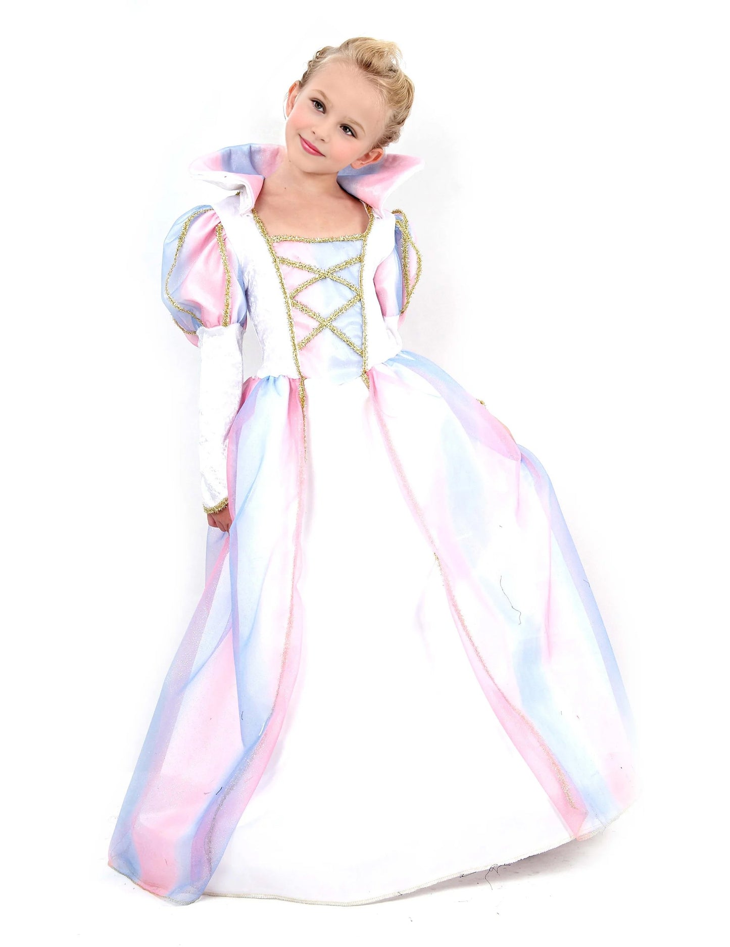 Pustna obleka za deklico v pastelnih barvah z zlatimi detajli
