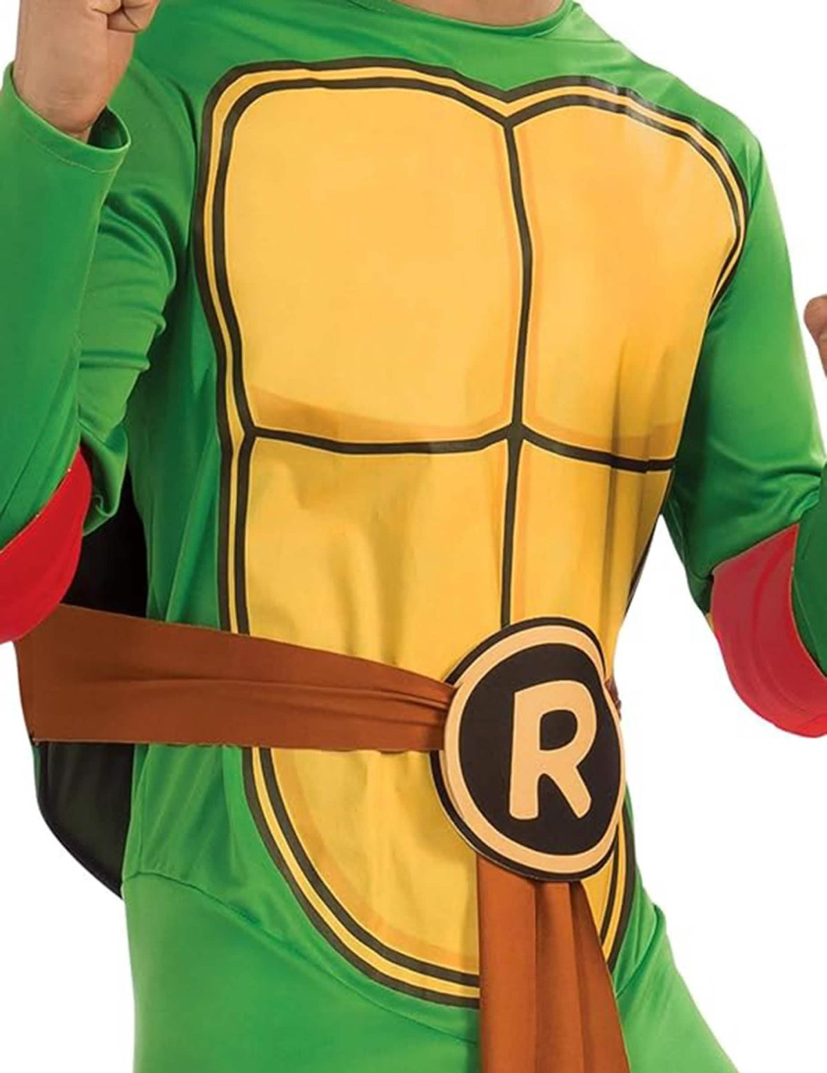 Bližnji posnetek oklepa in pasa klasičnega kostuma Ninja želve Raphael