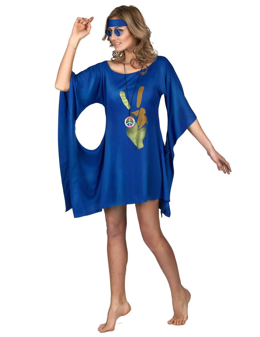 Vue de face du déguisement robe hippie peace et love pour femme