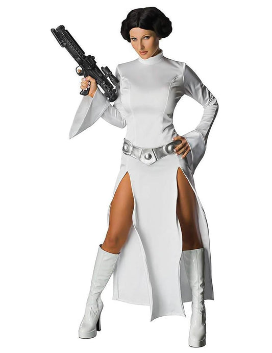 Sprednji pogled s blasterjem seksi kostuma princesa Leia Star Wars