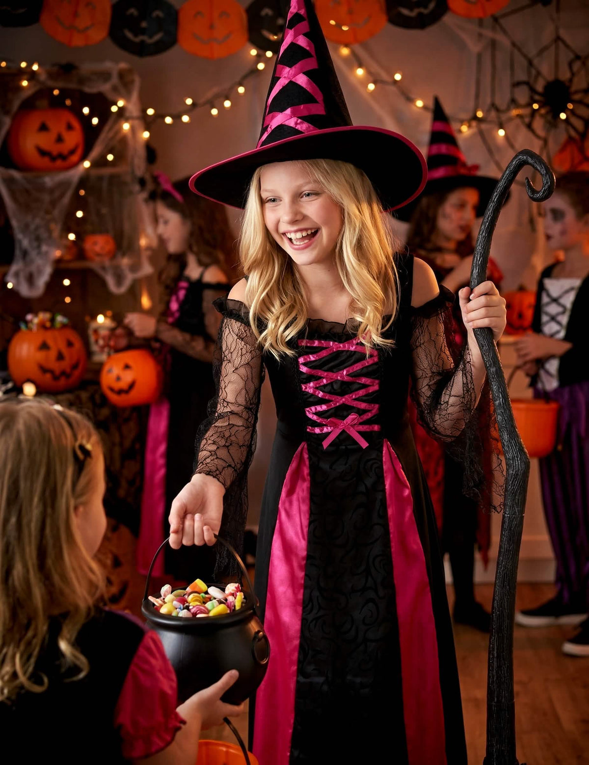 Prikaz s kotlom bomboni za nazobčani kostum čarovnice halloween