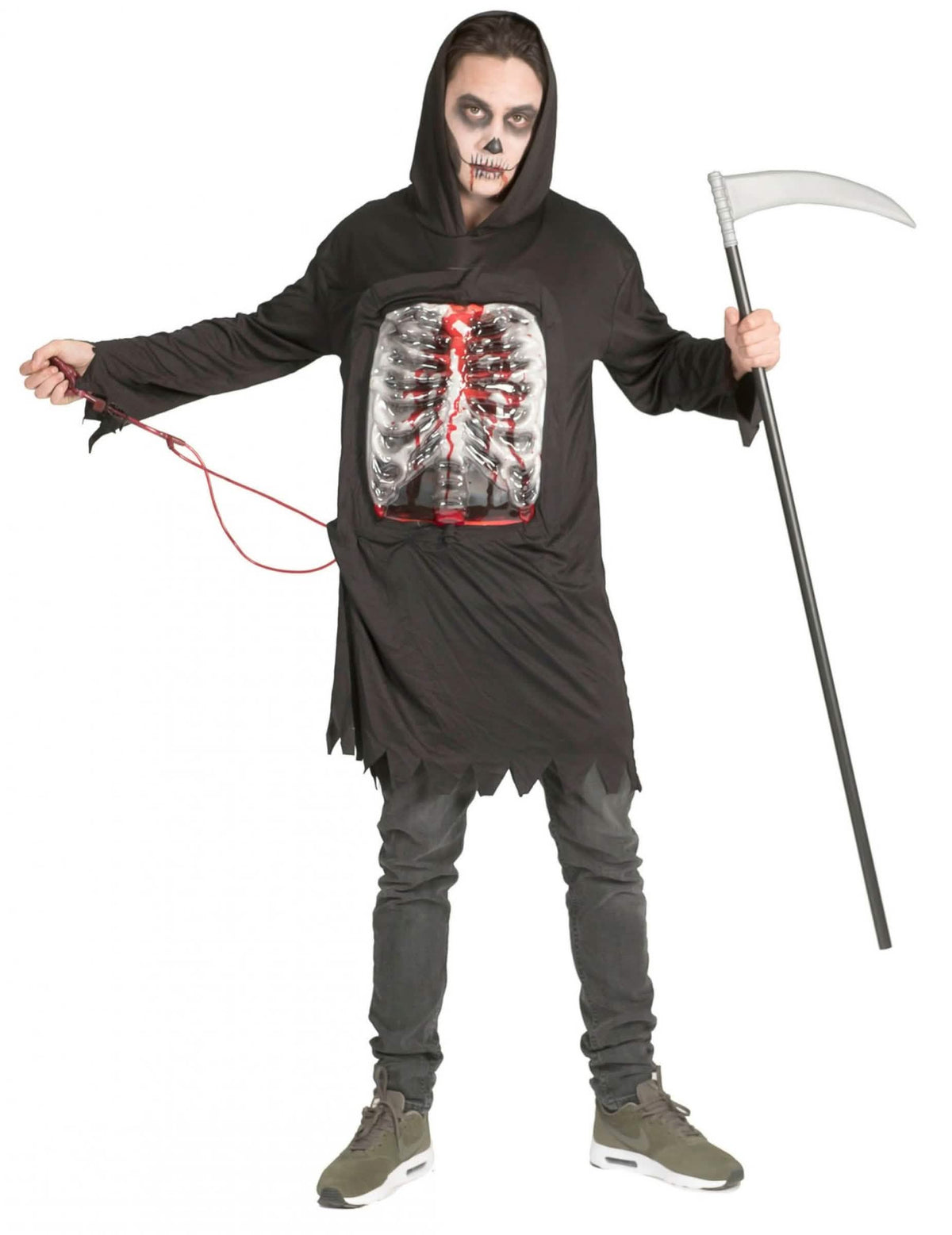 Kostum skelet krvavi kosec za odrasli črna z izbočeno krvavo prsno košaro