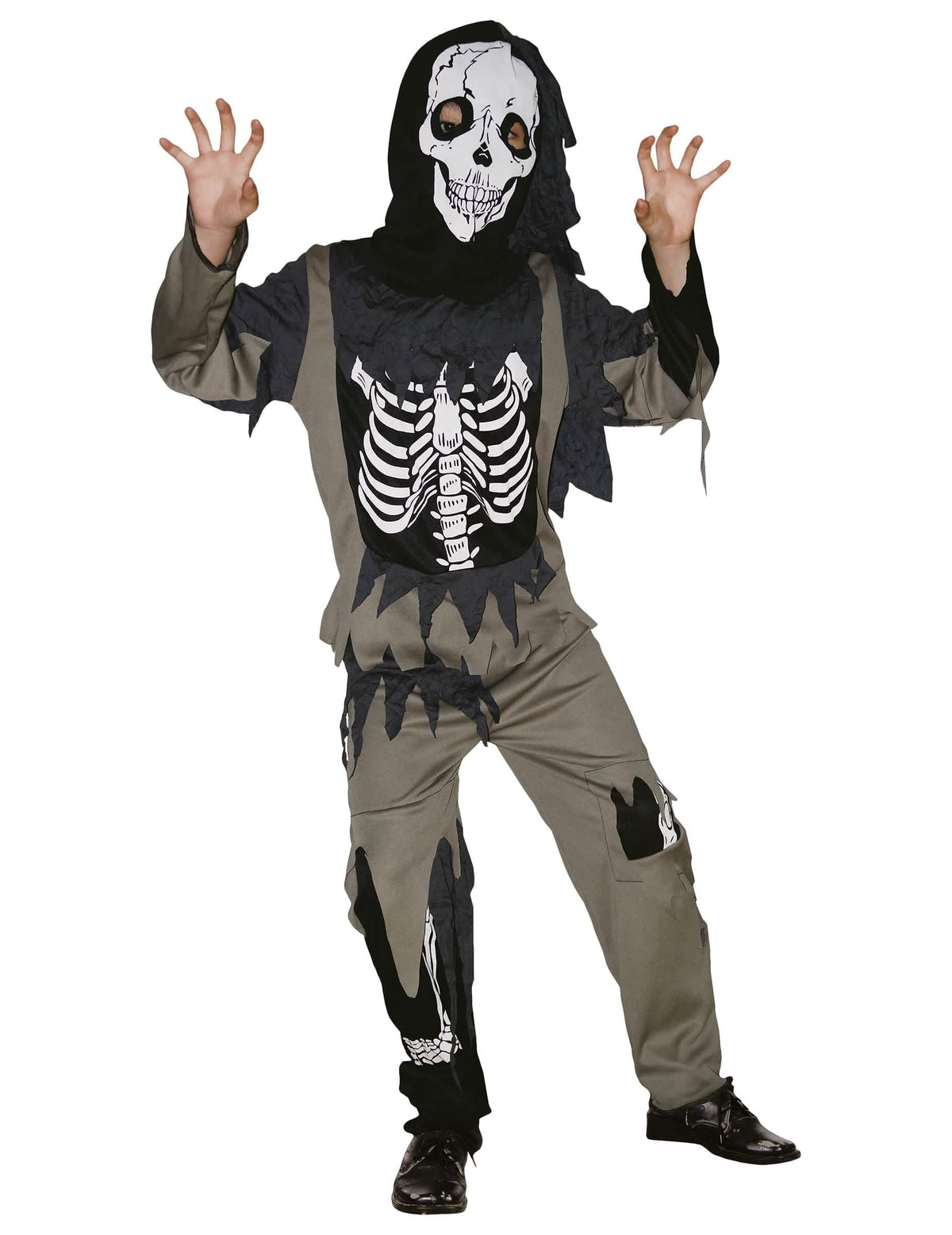 kostum skelet zombija za otrok siva in črna z masko s kapuco