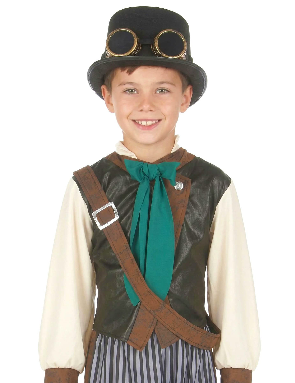 Velik plan na telovnik in klobuk otroškega kostuma steampunk dandyja