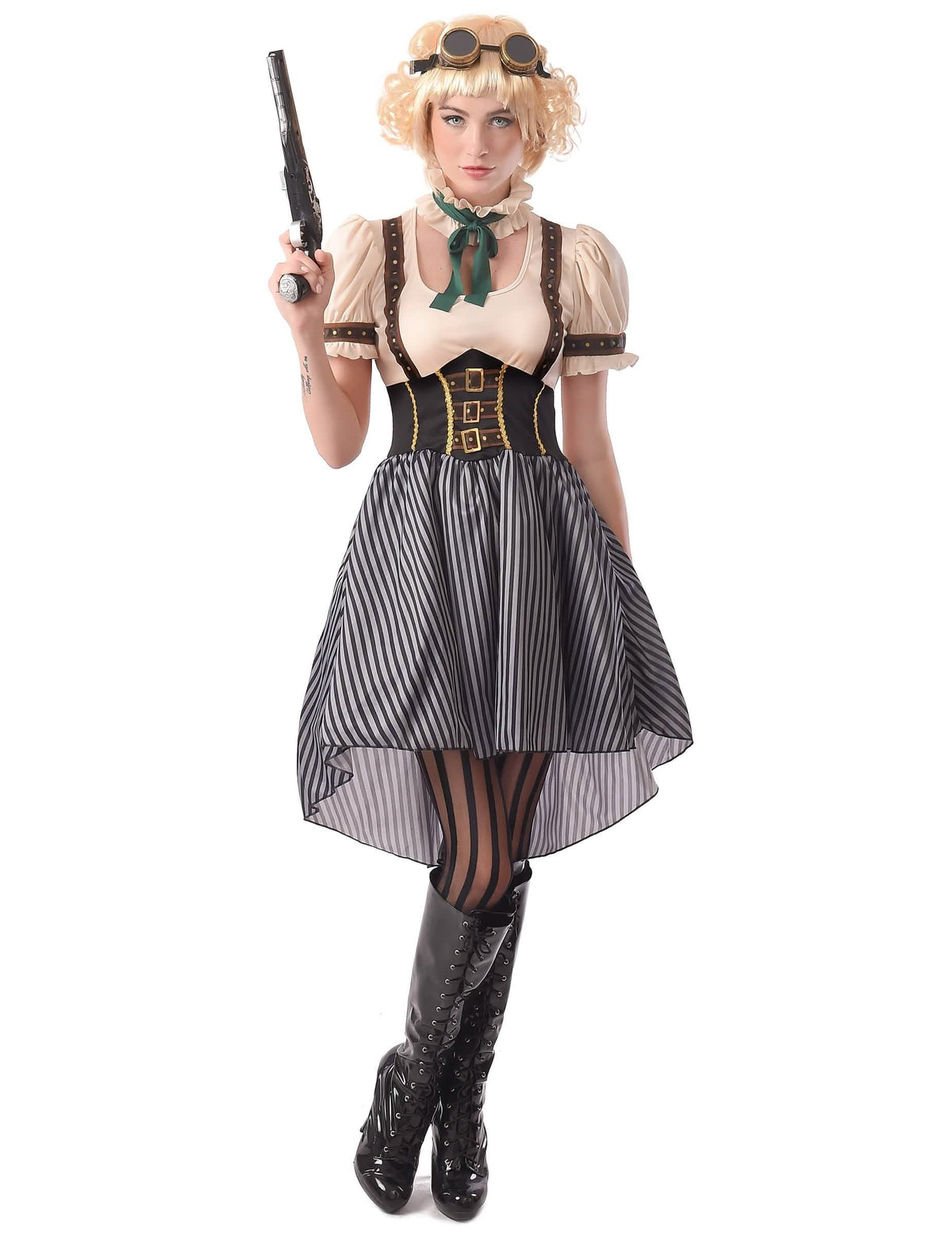 Steampunk kostum za žensko v bež in črni barvi s črtasto krilo