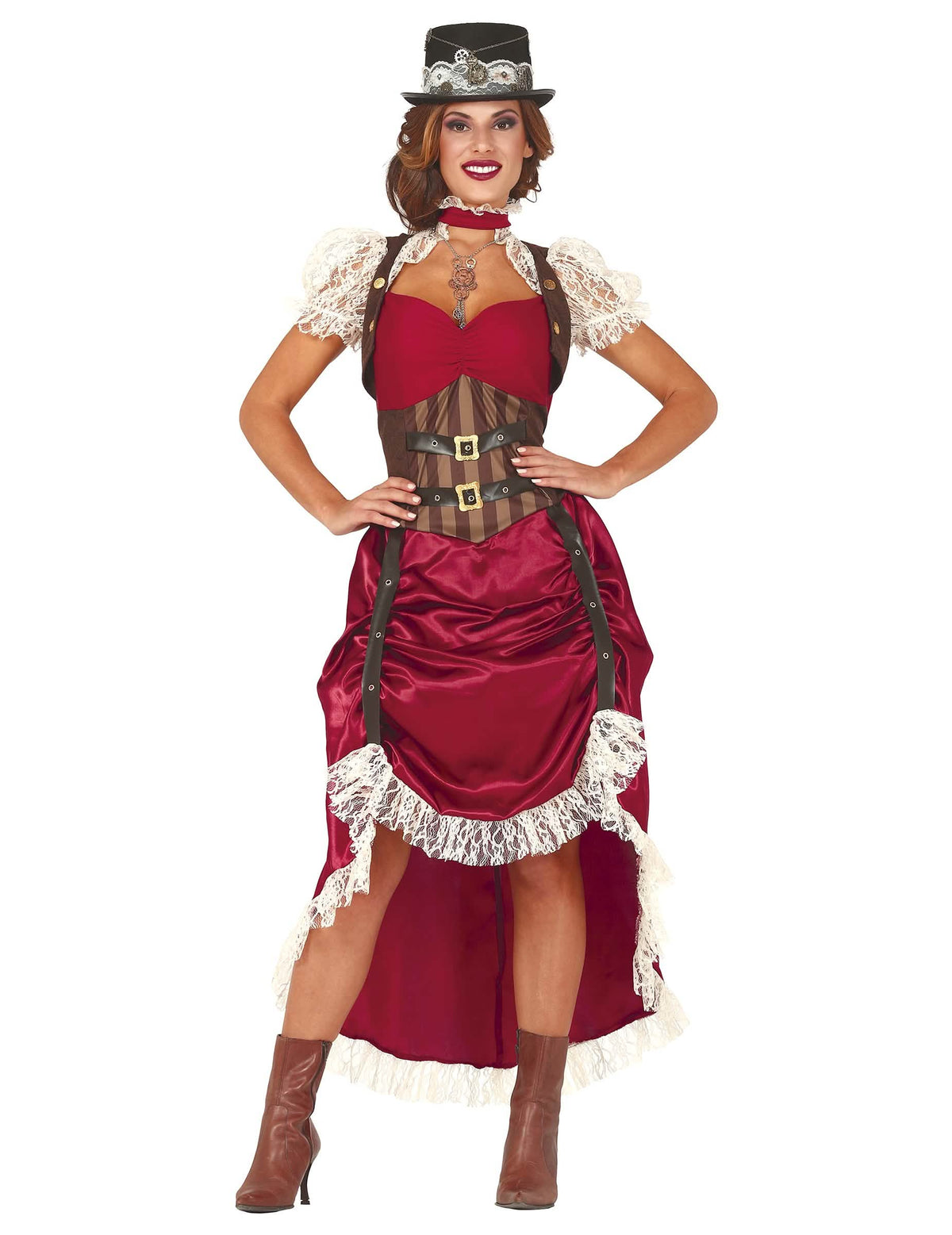 steampunk seksi kostum za ženska rdeča s steznikom in klobukom