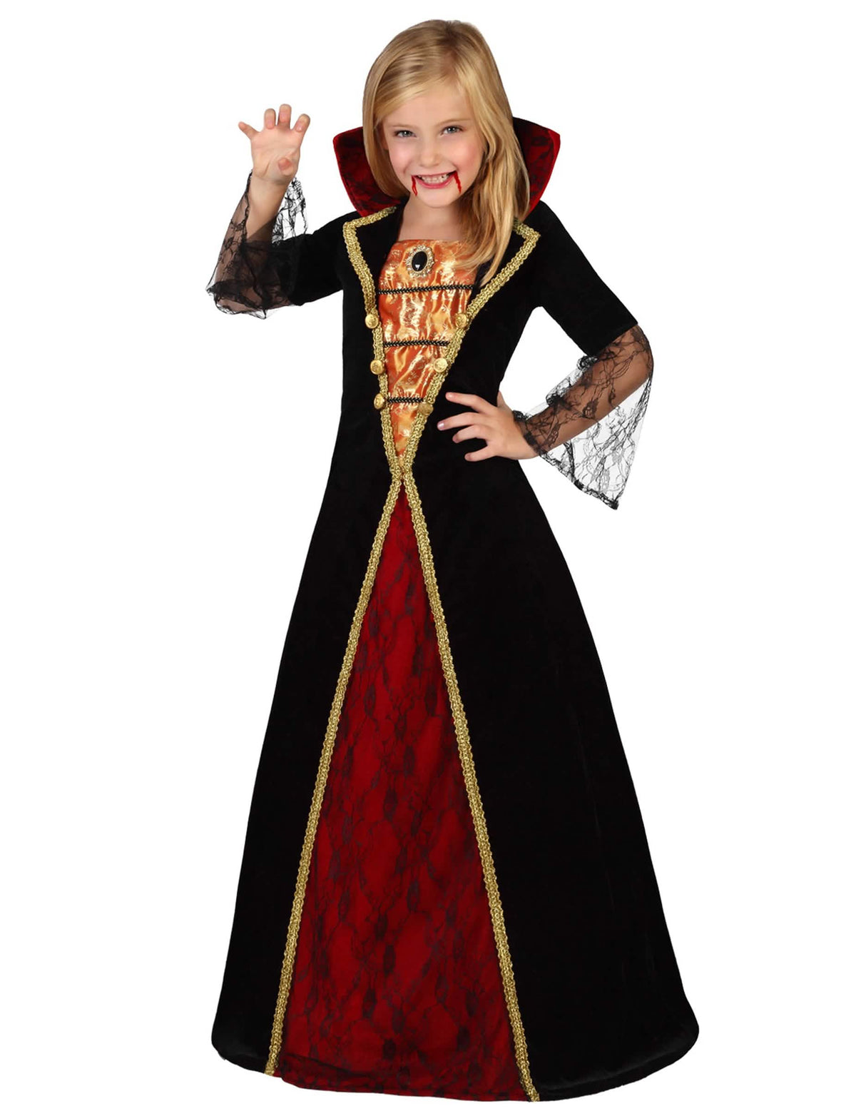 Elegantni vampirski kostum za dekle črna in rdeča z visokim ovratnikom in čipko