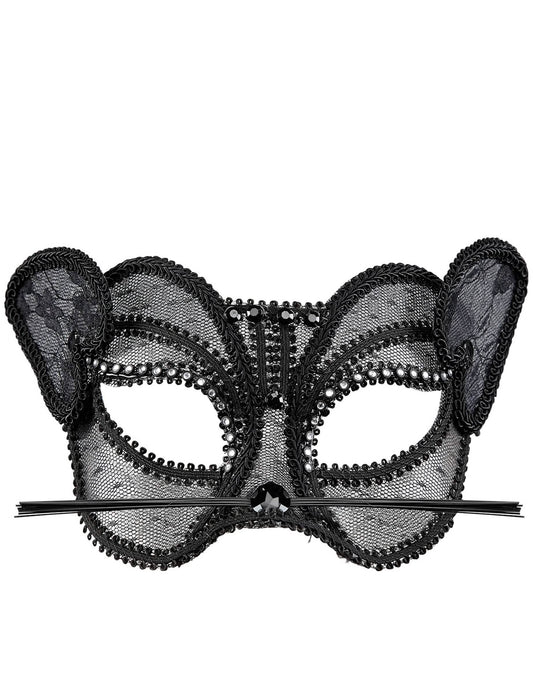 Vue de face du demi masque chat sexy en dentelle