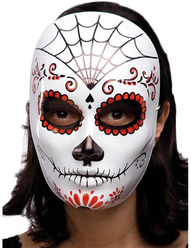 Maska Dia de los Muertos za odrasli bela z rdečimi in črnimi vzorci