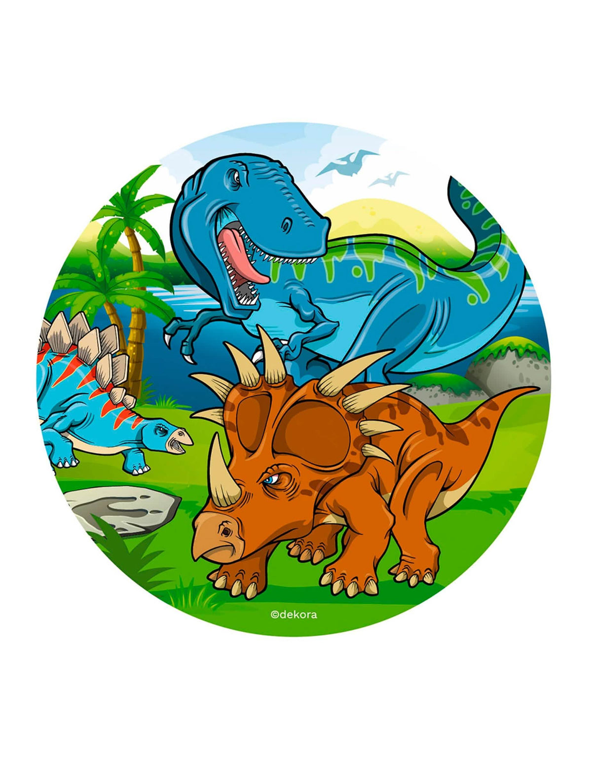Sladek iz hostije z dinozavri za torto modra in oranžna z T-Rexom