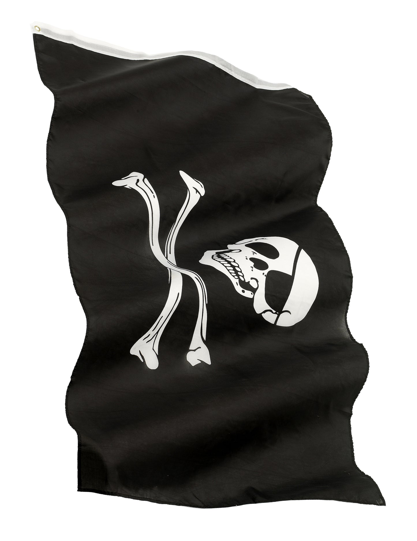 Drapeau pirate noir avec tête de mort de profil et os blancs