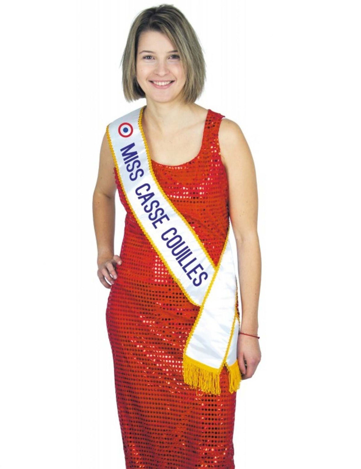 Echarpe humoristique miss casse-couilles pour adulte blanche avec liseré jaune et cocarde