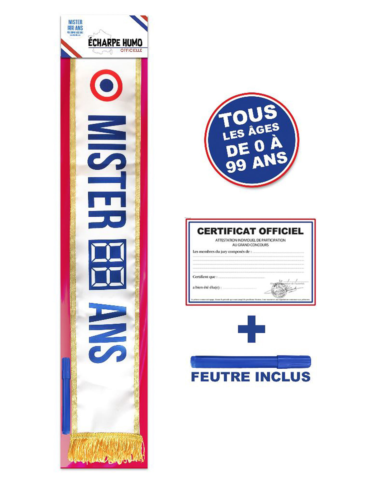Détail du diplôme et du feutre de l'écharpe tricolore anniversaire Mister