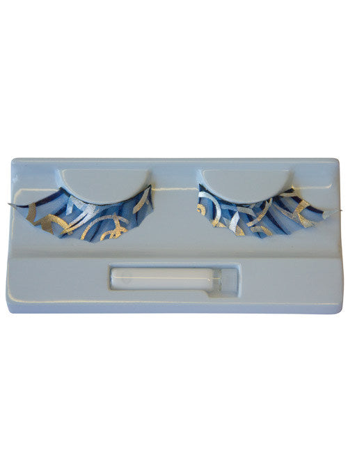 Faux cils festifs pour adulte bleus avec motifs dorés et argentés
