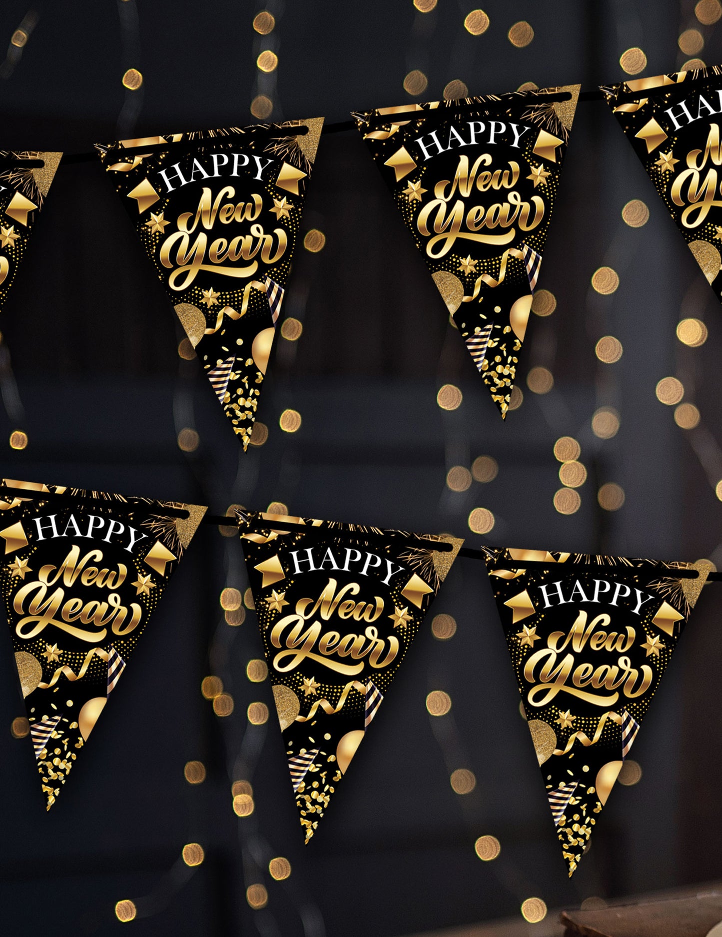 3m črno-zlata kartonska girlanda z zastavicami za srečno novo leto