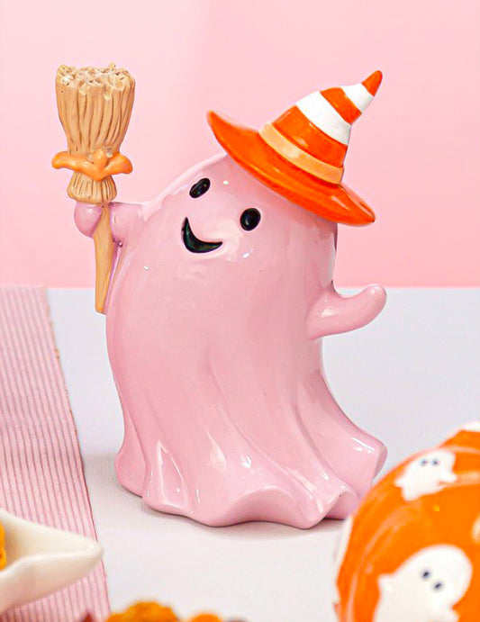 Dekorativni duh Summerween iz smole s pastelno roza metlo 12,3 x 8,8 x 15 cm