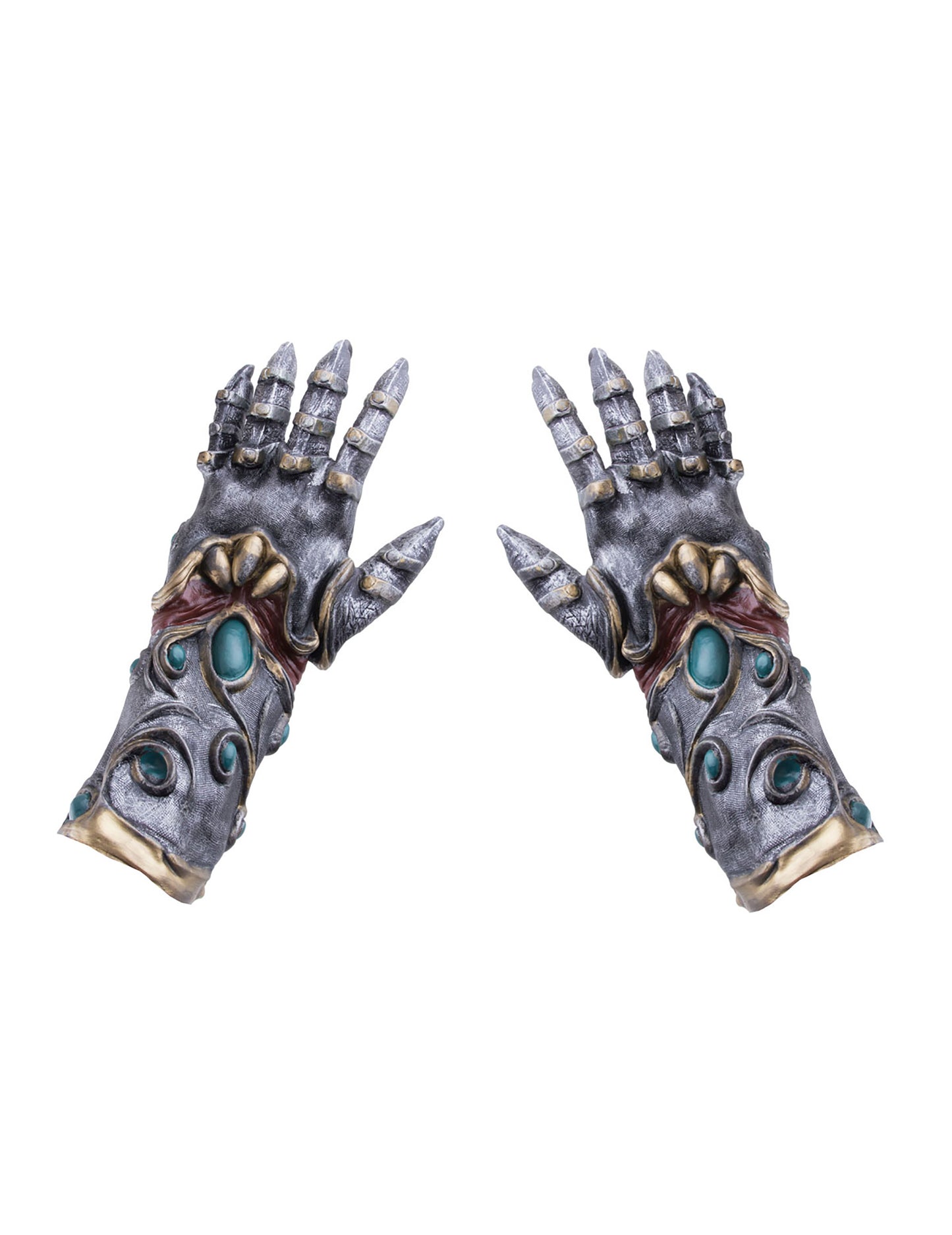 Gants de guerrier en latex pour adulte gris et or avec gemmes bleues