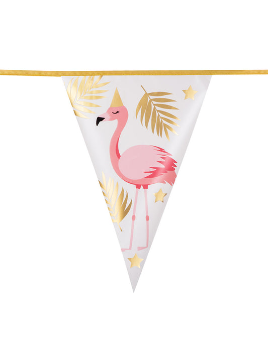 Détail d'un fanion avec motif flamant rose et feuilles dorées de la guirlande de fanions Flamant Tropic