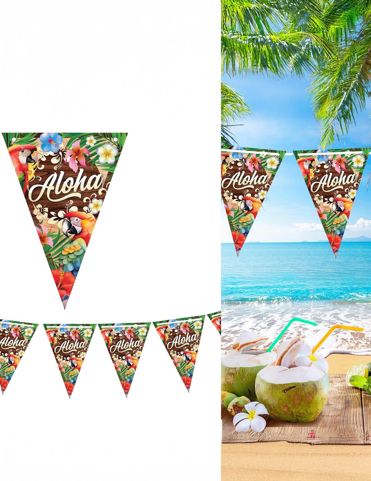 Guirlande à fanions Aloha Hawaï multicolore avec perroquets et fleurs tropicales