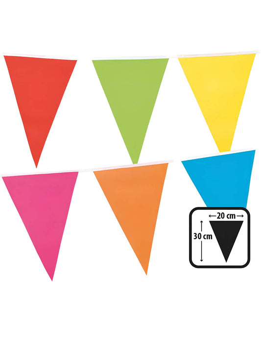 Détail des dimensions de la guirlande à fanions multicolores pour fête en plastique
