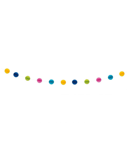 Vue d'ensemble de la guirlande boules alvéolées multicolore avec 11 pompons