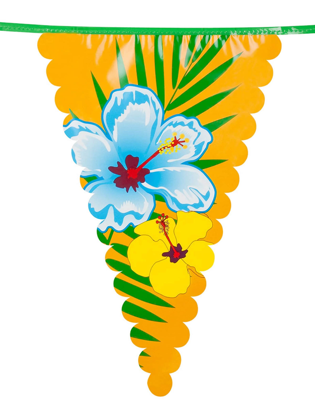 Niz oranžnih havajskih zastavic z cvetovi hibiskusa