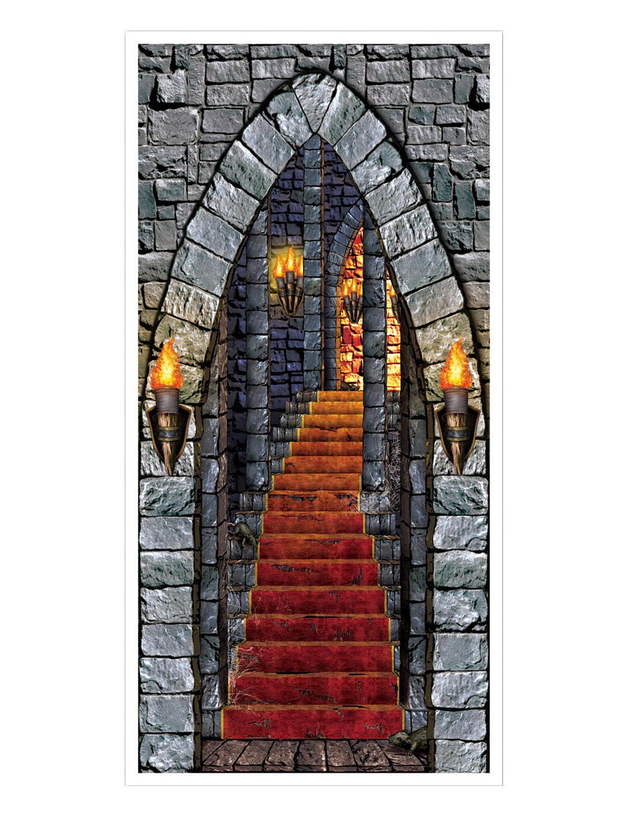 Décoration de porte château pour fête avec pierres et escalier tapis rouge