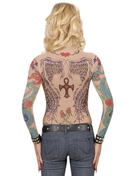 Vue de dos du haut à manches longues effet tatouages pour femme