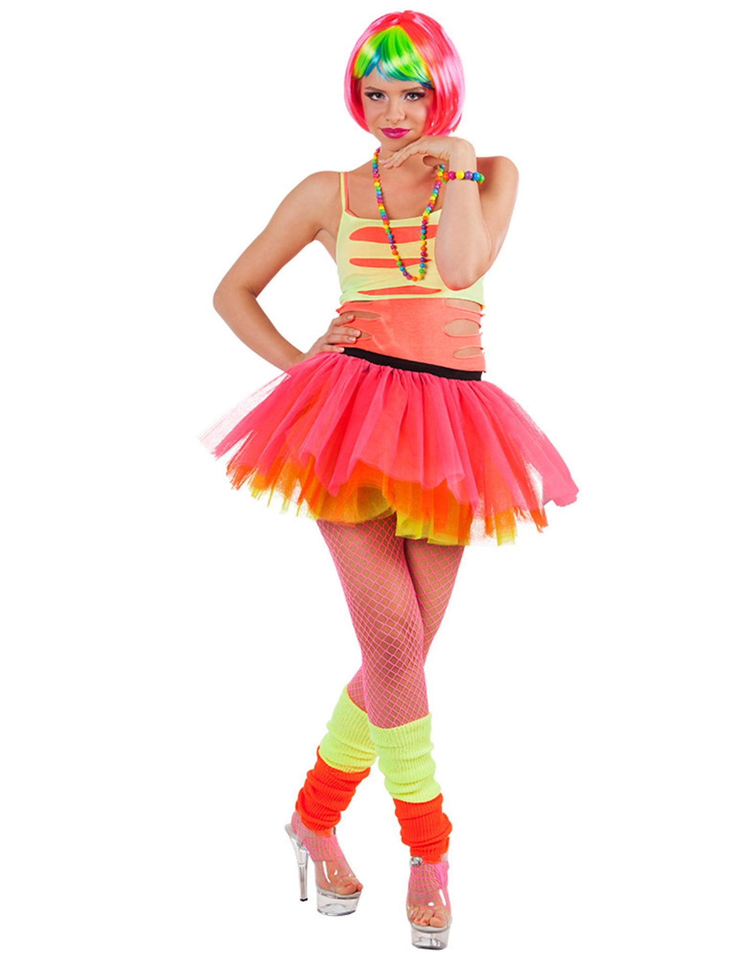 Pogled na ženske fluorescenčne oranžne nogavice iz mrežaste tkanine