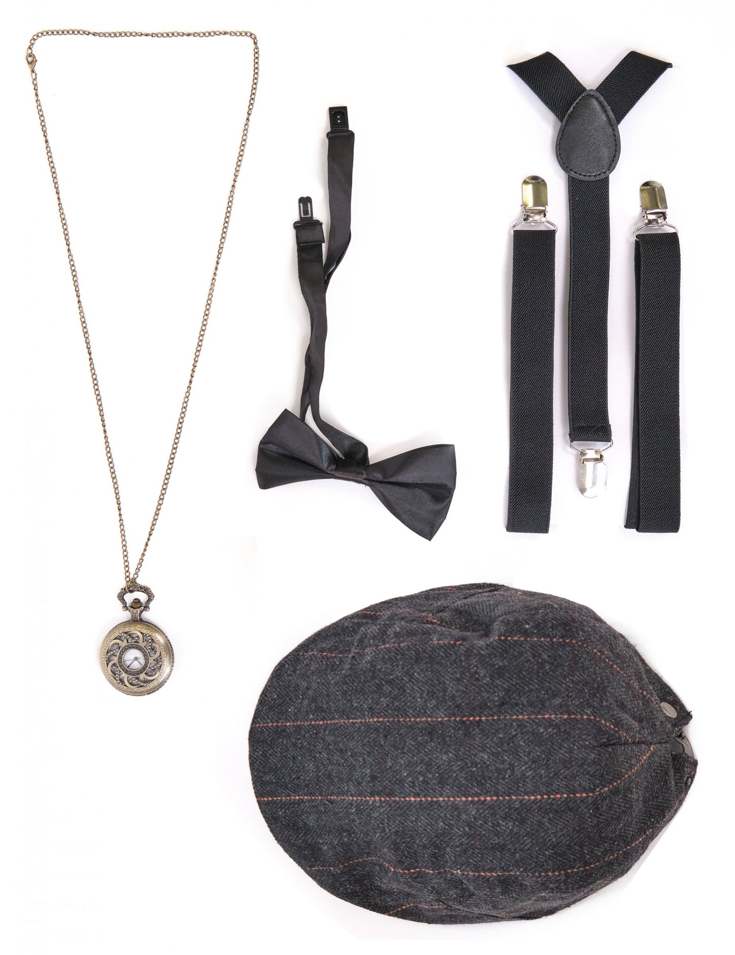 Pregled kape, naramnic, metuljčka in ure iz kompleta dodatkov iz 20. let