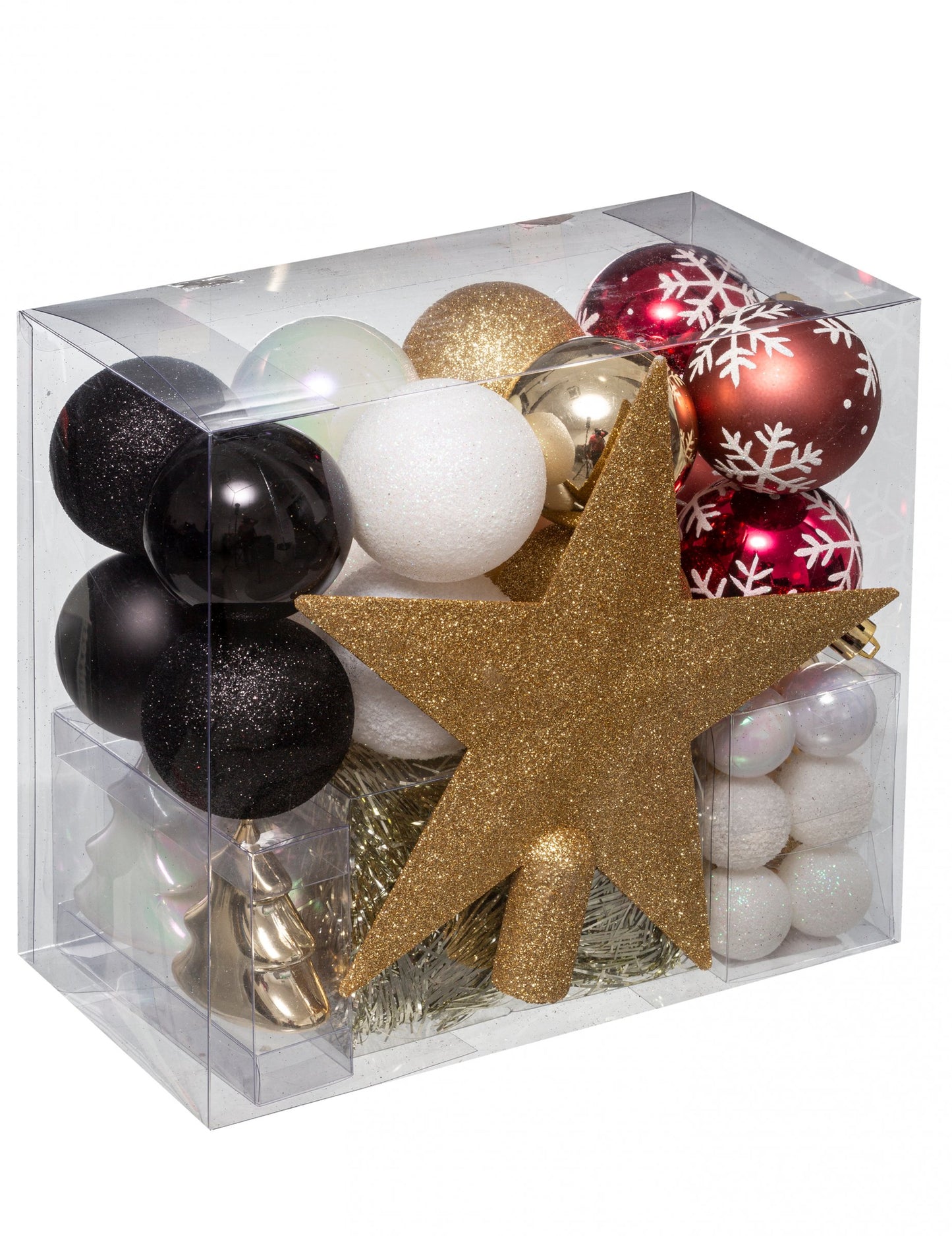 44-delni komplet za okrasitev božičnega drevesca v črni, beli, rdeči in zlati barvi z kroglicami in okrasnim vrhom drevesca