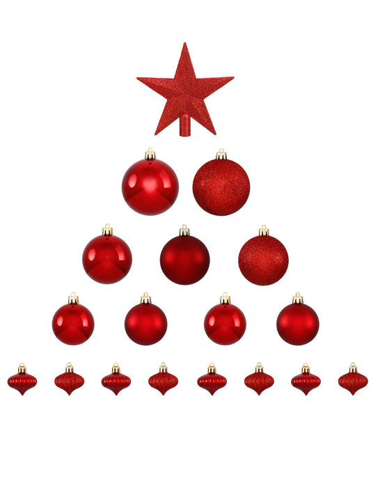 Vue d'ensemble des 18 pièces du kit décorations de sapin pour fête