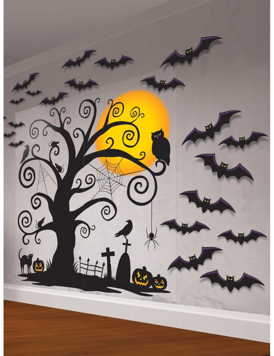 Komplet za stensko dekoracijo pokopališča za halloween, črna z netopirji in bučami