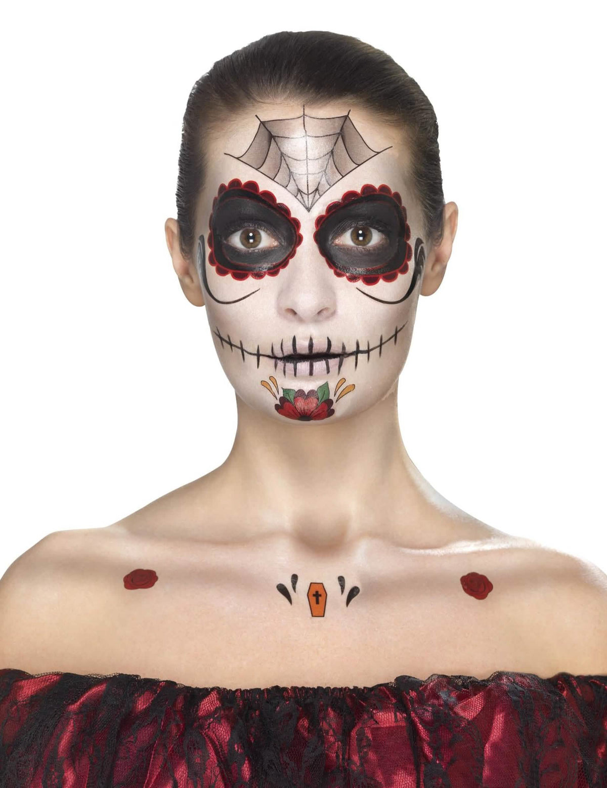 Upodobitev šminke in tetovaž na trupu iz kompleta šminke princesa pajek Dia de los muertos