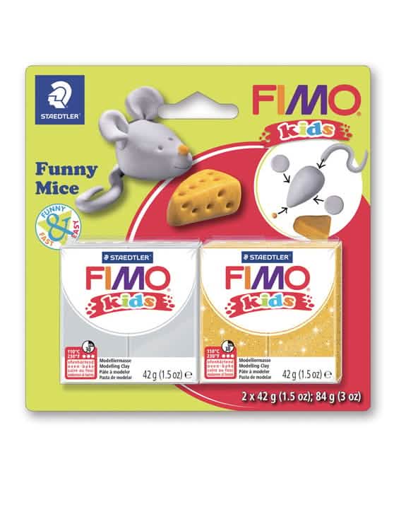 komplet modelirne mase Fimo miši za otroka siva in rumena bleščeča 2 kosa